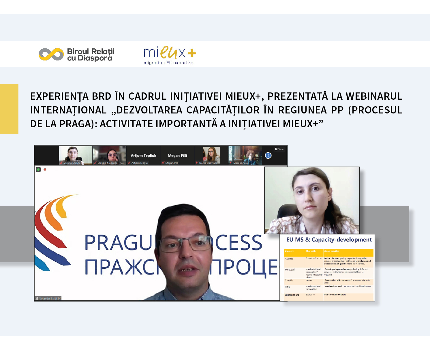 Experiența BRD în cadrul Inițiativei MIEUX+, prezentată la webinarul internațional „Dezvoltarea capacităților în regiunea PP (Procesul de la Praga): activitate importantă a Inițiativei MIEUX+”